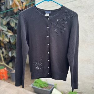 Black Star City Button Up Cardigan with Beaded Floral Embellishments Youth Large